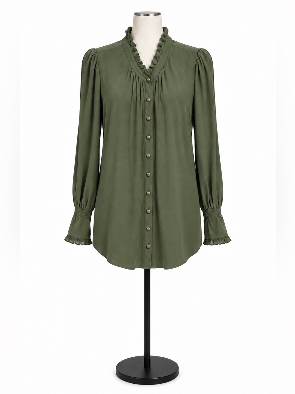 Free People Olive Green Ruffle Collar Button-Down Mini Dress Size Medium
